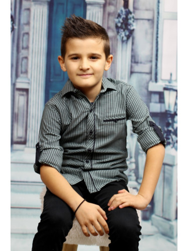 Официална детска риза с дълъг ръкав в зелено и черно 945564