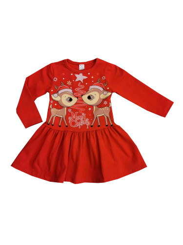 Леко ватирна коледна детска рокля с дълъг ръкав със сърнички