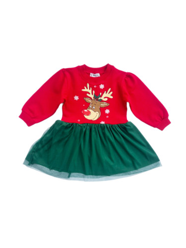 Детска ватирана рокля в зелено с картинка на еленче и червен тюл