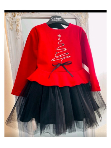 Коледна рокля в червено с дълъг ръкав с елхичка и тюл в черно