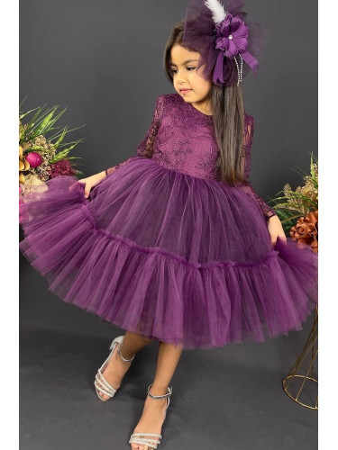 Официална детска рокля с дълъг ръкав от дантела и тюл в тъмнолилаво с
