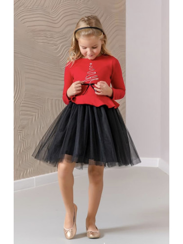 Коледна рокля в червено с дълъг ръкав с елха и тюл в черно