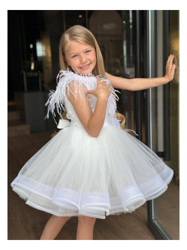 Официална детска рокля в бяло Пепелота с пера