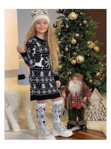 Комплект за момиче от плетиво в бяло и черно - рокля, шапка и гети