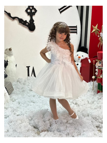 Официална детска рокля в бяло Пепелота с пера за шаферка, кръщене или