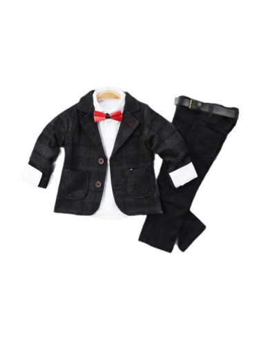 Детски комплект за момче от 5 части - сако, панталон в черно с колан, 