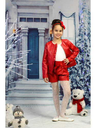 Комплект Дивна от кожено яке с цип и къси кожени панталони в червено