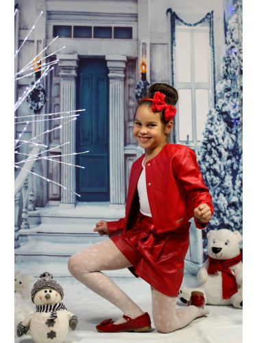 Комплект Дивна от кожено късо яке и къси кожени панталони в червено