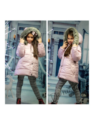 Детско зимно яке за момиче в пепел от рози с качулка и джобчета