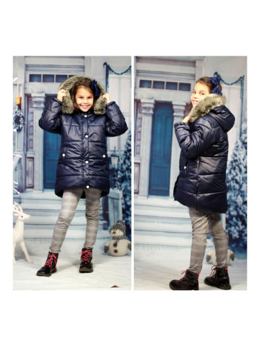 Зимно яке за момиче в тъмносиньо с качулка и джобове