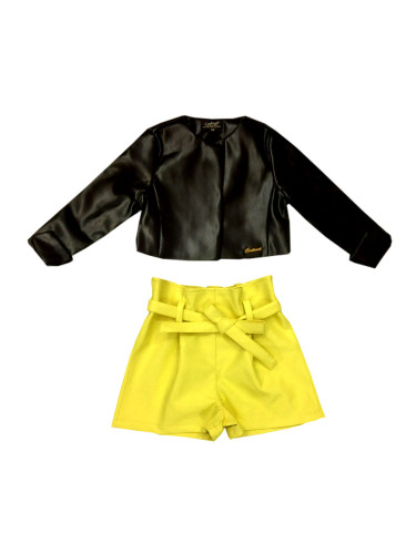 Комплект от кожено късо яке Мелания в черно и къси кожени панталони в 