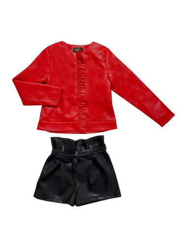 Комплект от кожено яке с цип в червено и къси кожени панталони в черно