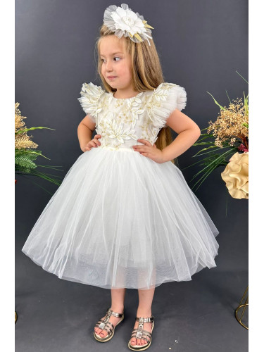 Официална детска рокля Шарлот в бяло с къс ръкав с тюл, 3D листа и пан