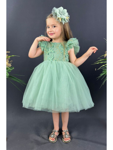 Официална детска рокля Шарлот в светлозелено с къс ръкав с тюл, 3D лис