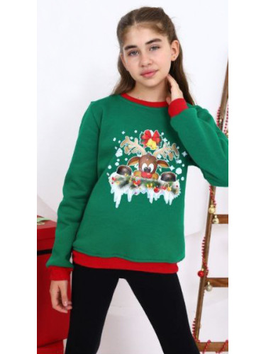 Коледна ватирана блуза за момиче с еленче и звънче в зелено