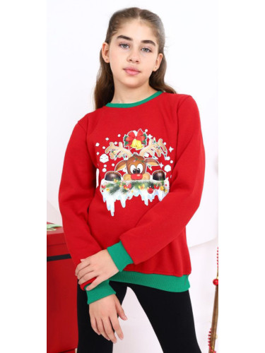 Коледна ватирана блуза за момиче с еленче и звънче в червено