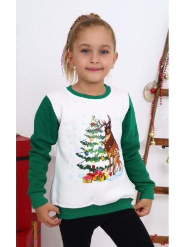 Коледна ватирана блуза за момиче с еленчета и елха в бяло и зелено