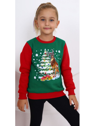Коледна ватирана блуза за момиче с еленчета и елха в зелено и червено
