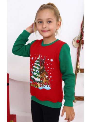 Коледна ватирана блуза за момиче с еленчета и елха в червено и зелено