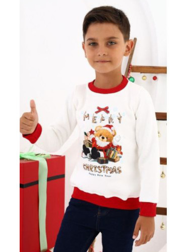 Коледна ватирана блуза за момче с коледен надпис и мече в бяло
