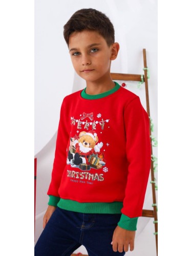 Коледна ватирана блуза за момче с коледен надпис и мече в червено