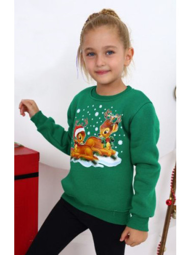 Коледна ватирана блуза за момиче с две еленчета в зелено