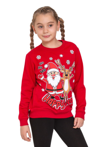 Коледна леко ватирана блуза за момиче в червено с дълъг ръкав с Дядо К