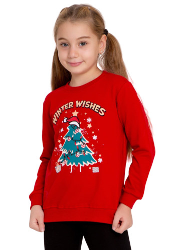 Коледна леко ватирана блуза за момиче в червено с дълъг ръкав с елха и