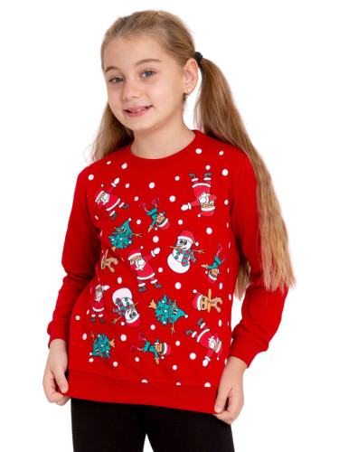 Коледна леко ватирана блуза за момиче в червено с дълъг ръкав с коледн