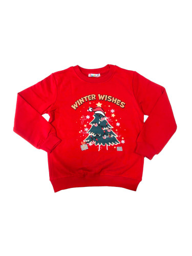 Коледна леко ватирана блуза в червено с дълъг ръкав с елха и надпис