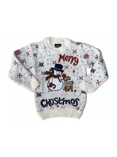 Детски коледен пуловер в бяло със снежен човек и елен