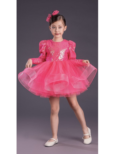 Официална детска къса рокля с дълъг ръкав в циклама с пайети Людмила