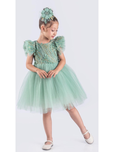 Детска официална рокля Шарлот в цвят мента с къс ръкав с тюл, 3D листа