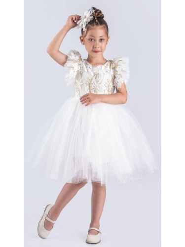 Детска официална рокля Шарлот в екрю 3D листа, с къс ръкав с тюл и пан