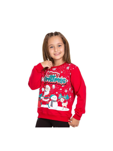 Коледна ватирана блуза в червено с Дядо Коледа, снежен човек и елен
