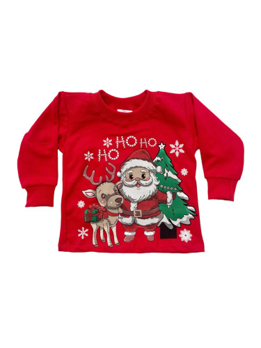 Детска ватирана коледна блуза в червено с Дядо Коледа, еленче и елха 