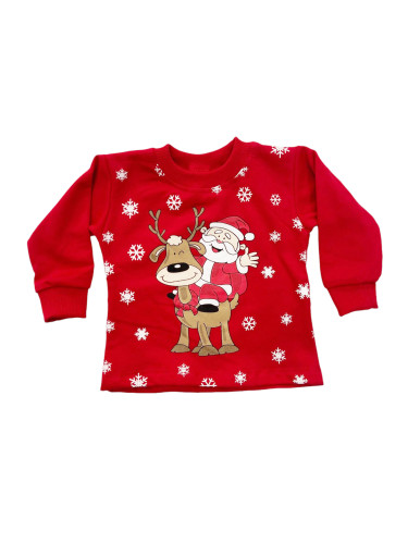 Детска ватирана коледна блуза в червено с Дядо Коледа, еленче и снежин