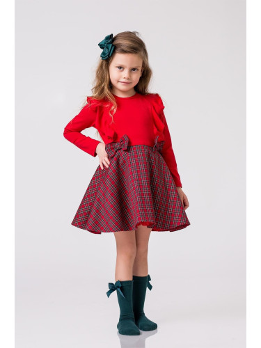 Детска рокля с дълъг ръкав в червено със стилно каре в долната част с 