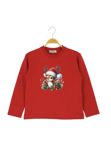 Коледна ватирана блуза за момиче в червено с дълъг ръкав с коледни мот