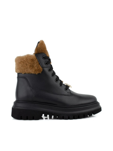 Дамски кожени боти в черно с мек, кафяв каракул 2354