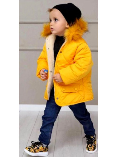 Детски комплект за момче от яке в горчица, дънки и шапка в черно 85447