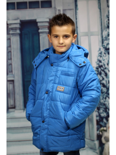 Детско зимно яке за момче в светлосиньо с джобове и с качулка