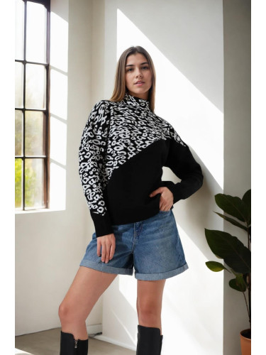 90315 Dewberry Half Turtleneck Leopard Womens Sweater-BLACK