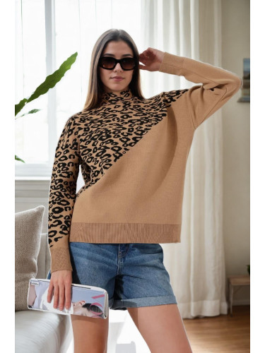 90315 Dewberry Half Turtleneck Leopard Womens Sweater-CAMEL