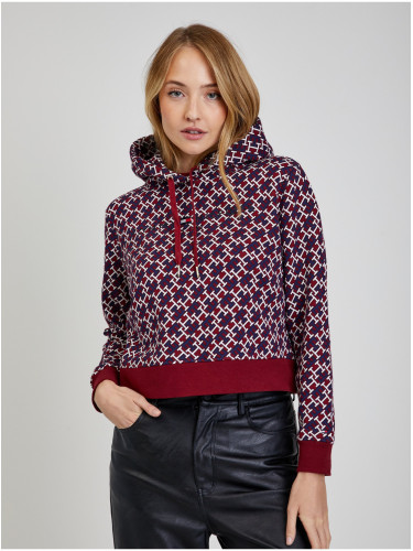 Tommy Hilfiger Blue-Red Womens Patterned Cropped Hoodie Tommy Hilfi - Women