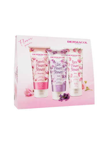 Dermacol Flower Power Подаръчен комплект душ крем Magnolia Flower 200 ml + душ крем Lilac Flower 200 ml + душ крем Rose Flower 200 ml увредена кутия