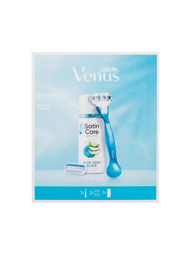 Gillette Venus Подаръчен комплект самобръсначка Venus Smooth 1 бр + сменяема глава 1 бр + гел за бръснене Satin Care Sensitive Aloe Vera 75 мл увредена кутия