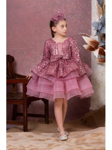 Официална детска рокля с дълъг ръкав в пепел от рози с пайети и фиба з