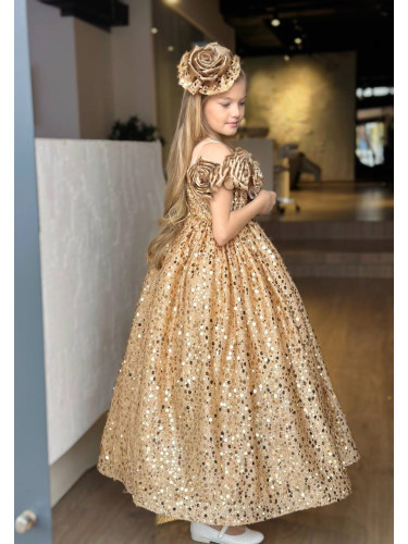 Официална детска дълга рокля в златно без ръкав и пайети Ния с цвете з