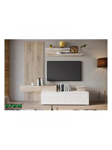 ТВ шкаф AQUA, Бяло гланц и Сонома